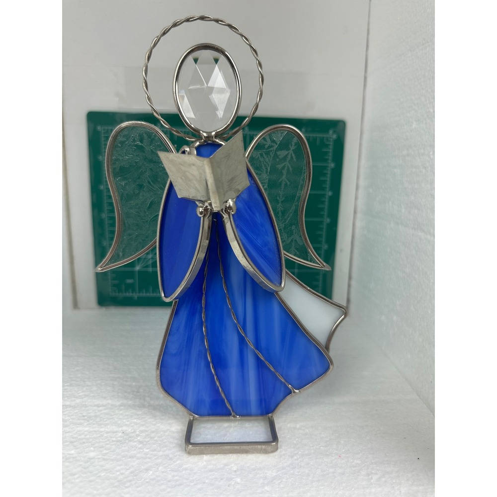 Stained Glass Angel Figurine with Halo and Music Book, Collectible Decor